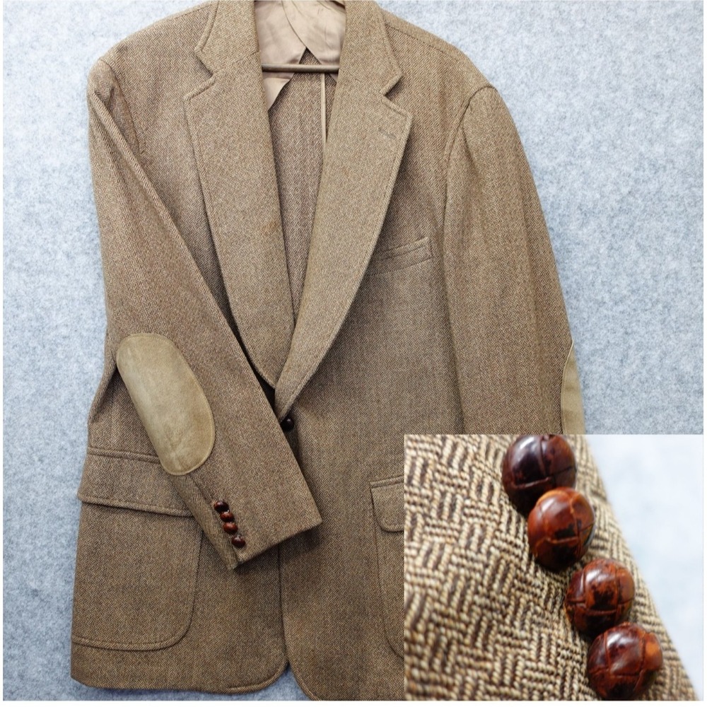 PAUL STUART Tweed Sport Coat Mens 40R Tan Herringbone Elbow Patch Jacket VINTAGE